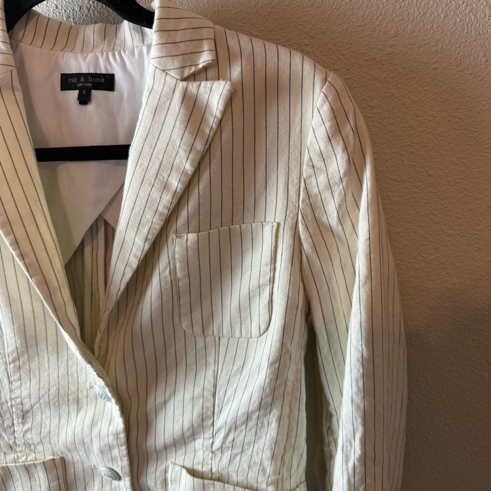Rag & Bone Blazer Ivory Navy Pinstriped Linen Cotton Blend Business Casual Sz 6 - Picture 6 of 16